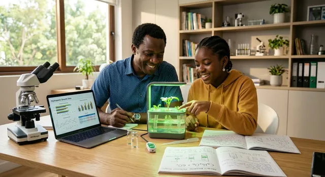 A father and daughter working through a science experiment together at home