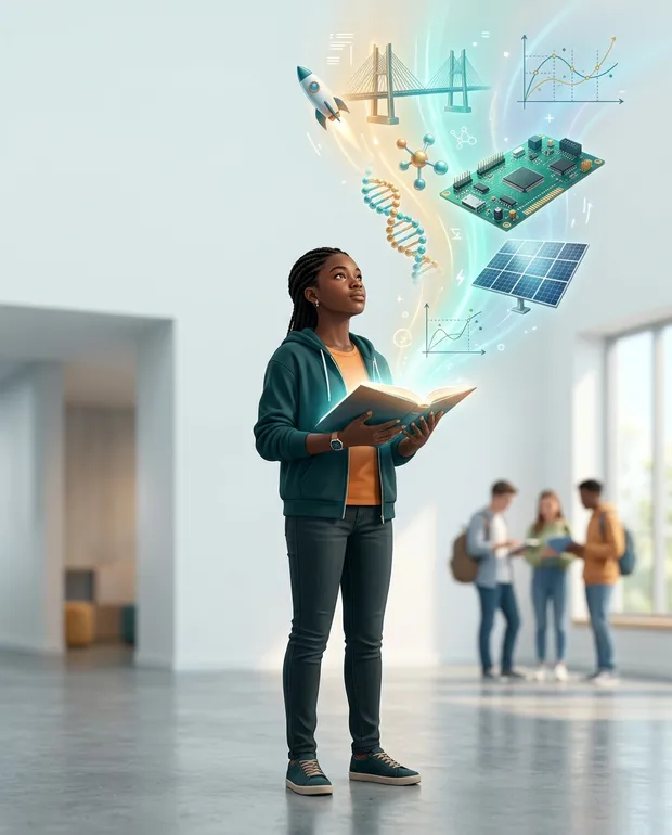 A Nigerian teenage student looking up as knowledge rises from an open book into the real things it builds — a rocket, a bridge, a DNA strand, a circuit board, a solar panel and graphs