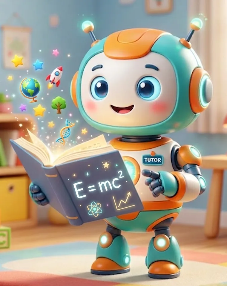 Shine the robot tutor holding a glowing book with E = mc² on its pages