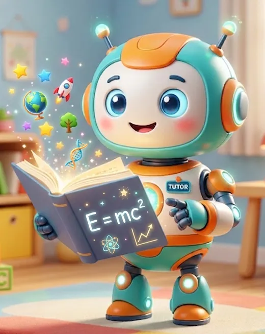 Shine, Torchlight's friendly robot tutor, holding a glowing book with E = mc² on its pages